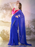 Blue Georgette Solid Saree With Blouse Piece