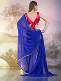 Blue Georgette Solid Saree With Blouse Piece