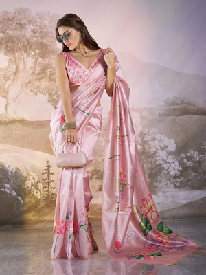 Pink Linen Printed Saree With Blouse Piece