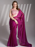 Wine Chiffon Solid Saree With Blouse Piece