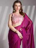 Wine Chiffon Solid Saree With Blouse Piece