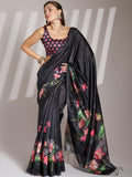 Black Linen Printed Saree With Blouse Piece