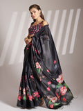 Black Linen Printed Saree With Blouse Piece