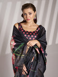 Black Linen Printed Saree With Blouse Piece