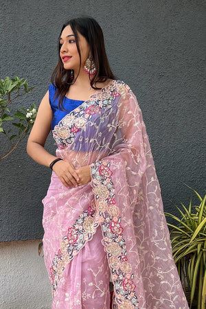 Lavender Organza Saree with Blue Blouse Piece