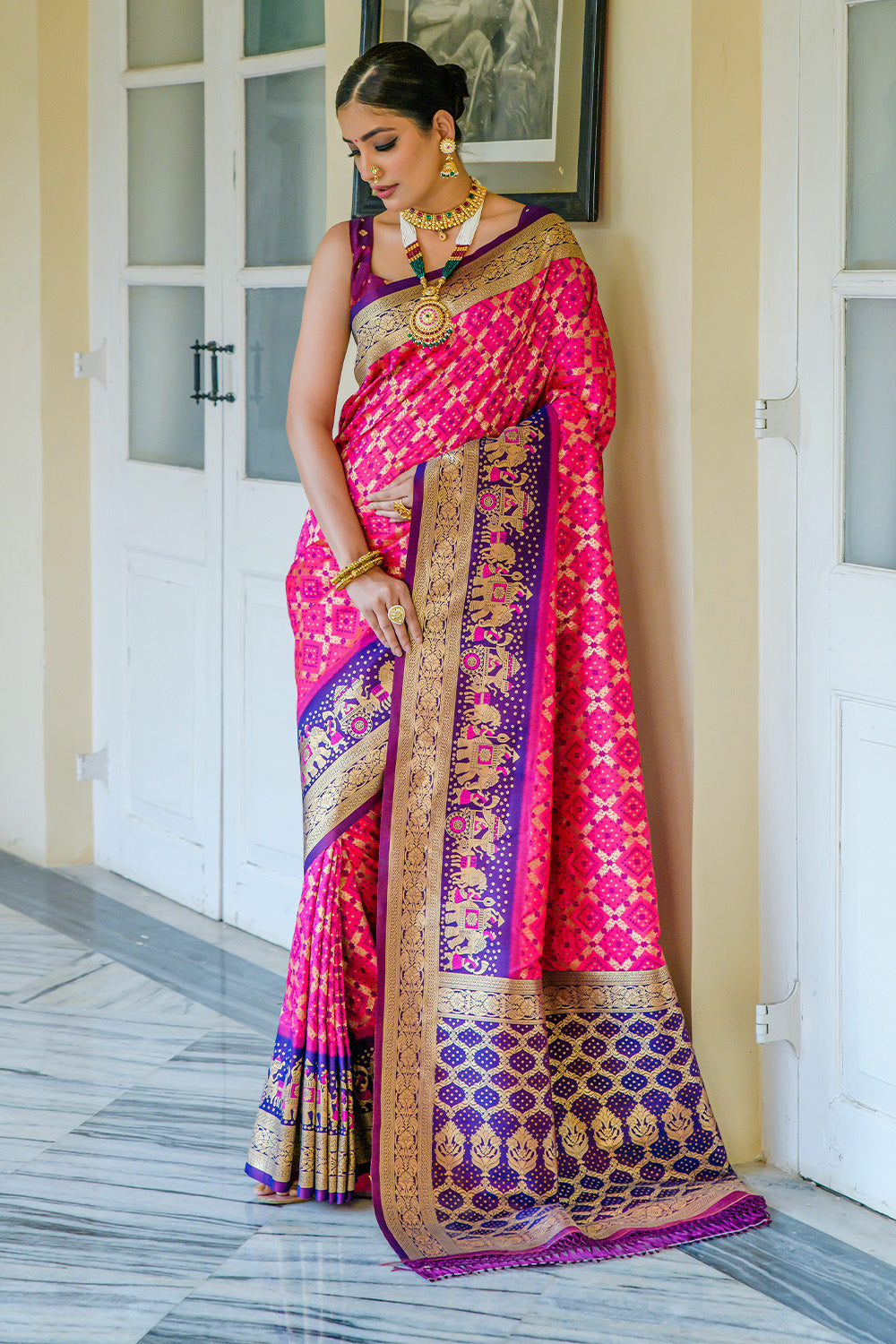 Rani pink woven banarasi silk saree with blouse - Sukhsagar Creation -  3170341