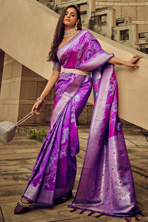 Purple Banarasi Satin Silk Saree With Blouse Piece