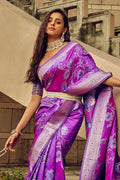 Purple Banarasi Satin Silk Saree With Blouse Piece