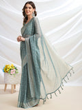 Sea Green Chiffon Ready To Wear Saree With Blouse Piece