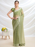 Olive Chiffon Ready To Wear Saree With Blouse Piece