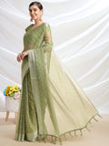 Olive Chiffon Ready To Wear Saree With Blouse Piece