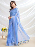 Blue Chiffon Ready To Wear Saree With Blouse Piece