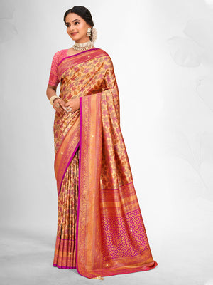 Pink Banarasi Silk Saree With Blouse Piece