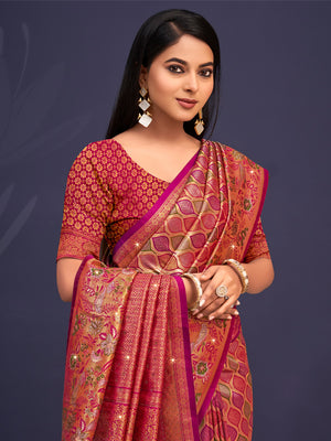 Wine Banarasi Silk Saree With Blouse Piece