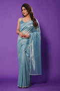 Teal Blue Organza Saree With Blouse Piece