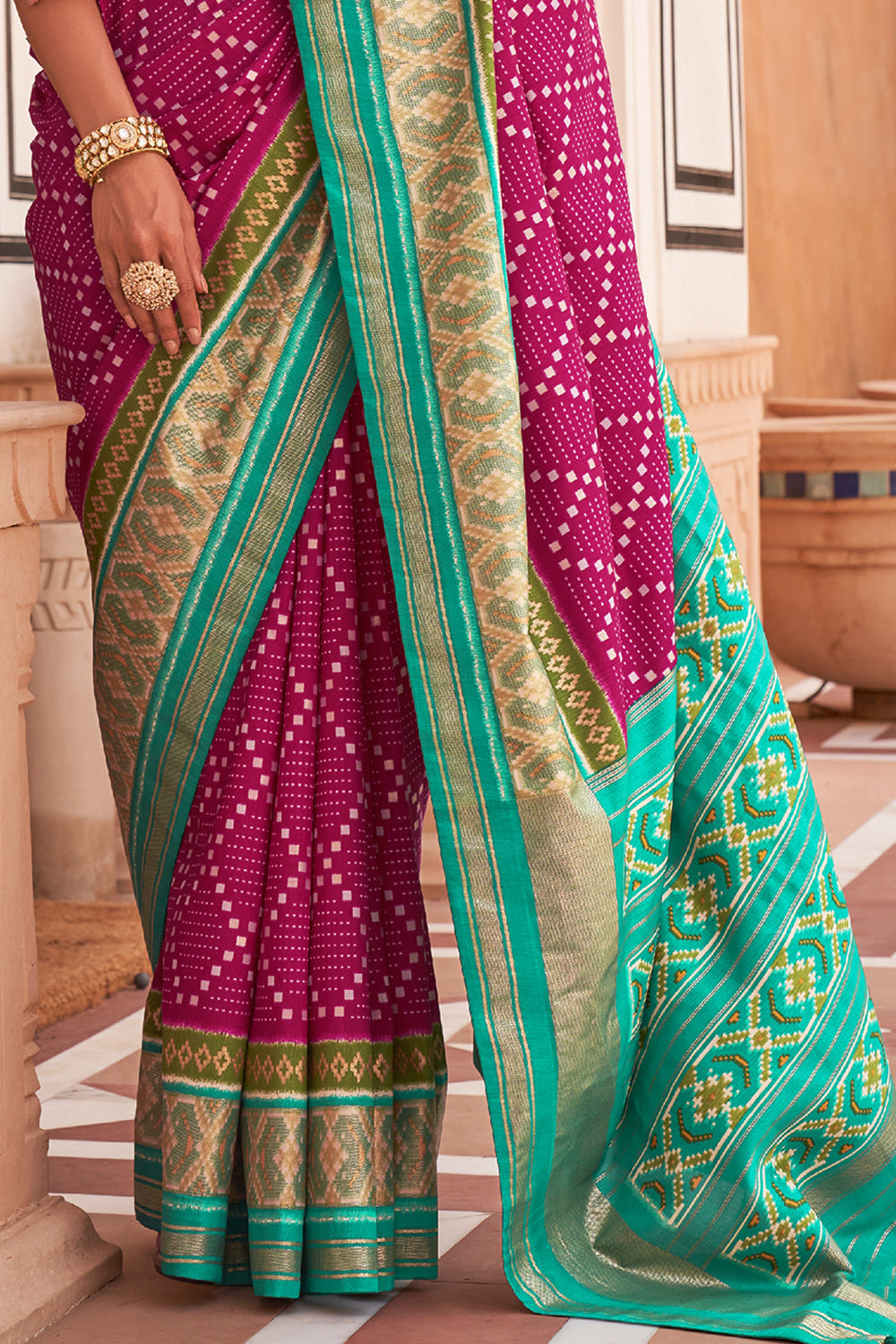 Pink and Dark Green color silk sarees with printed design saree -SILK0002643