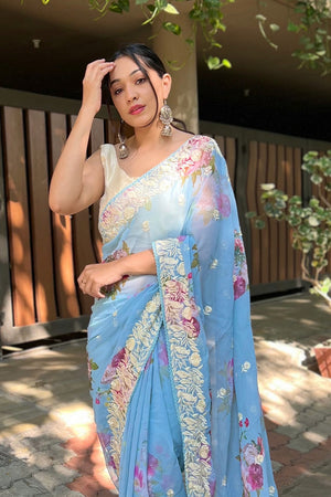 Sky Blue Georgette Saree with Cream Blouse Piece