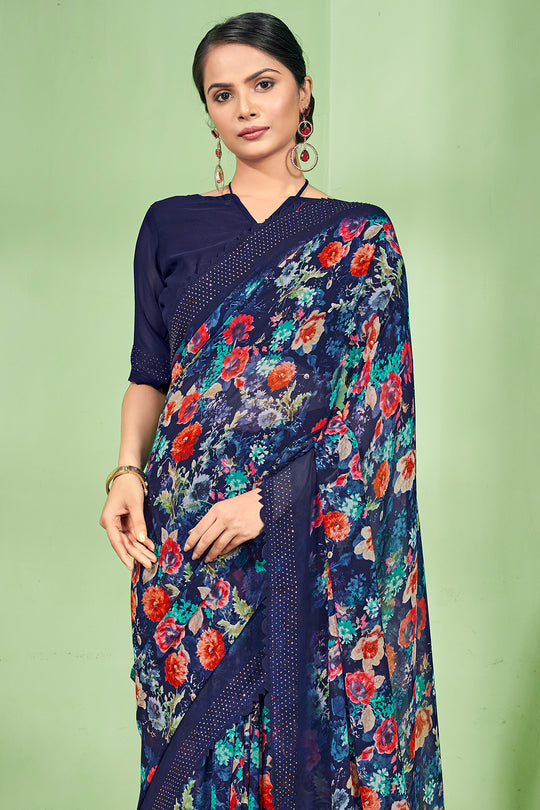 Checks Navy Blue Georgette Saree - Palki Boutique