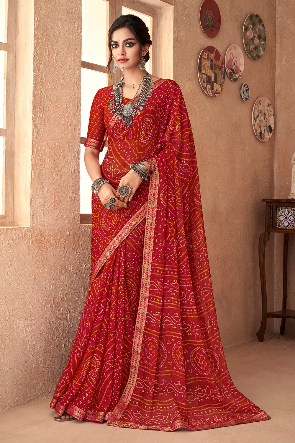 Buy Cherry Red Floral Jaal Saree Online in the USA @Mohey - Saree for Women