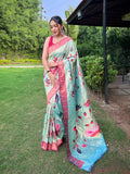 Sky Blue Paithani Silk Saree With Blouse Piece