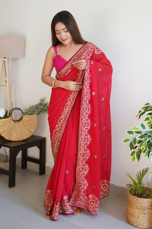 Easy To Wear 2 Piece Red & Beige Embroidered Saree - FASHION ERA - 310778