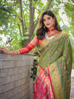 Olive Patola Silk Zari Woven Traditional Saree with Blouse