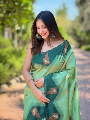 Sea Green Banarasi Silk Zari Woven Traditional Saree with Blouse