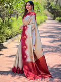 Cream Banarasi Silk Zari Woven Traditional Saree with Blouse