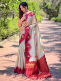 Cream Banarasi Silk Zari Woven Traditional Saree with Blouse