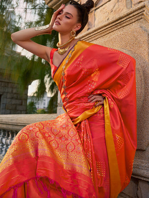 Orange Banarasi Silk Saree With Blouse Piece