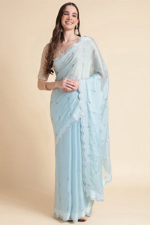 Blue Chiffon Silk Saree With blouse Piece