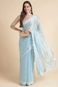 Blue Chiffon Silk Saree With blouse Piece