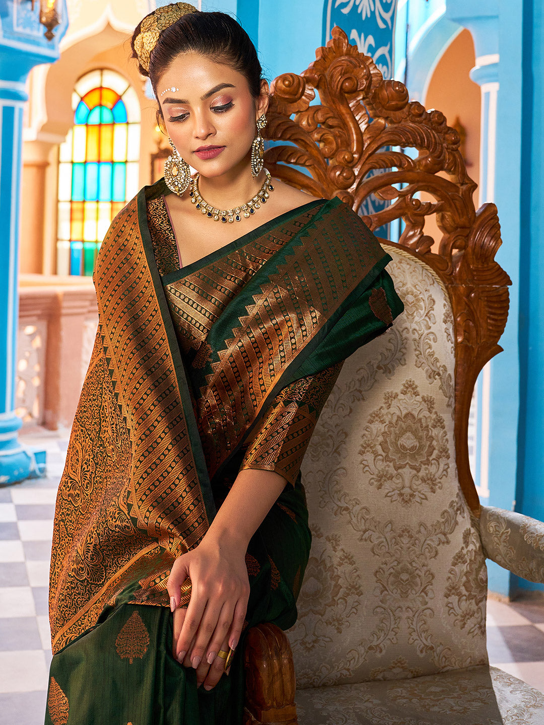 Bottle green Banarasi Handloom Soft Silk Saree - Aura Benaras