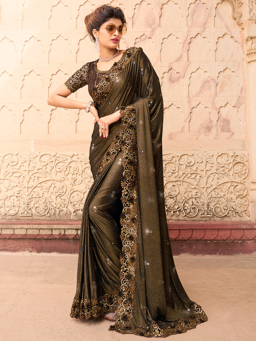 Buy Chocolate Brown Banarasi Satin Saree online-Devatithi