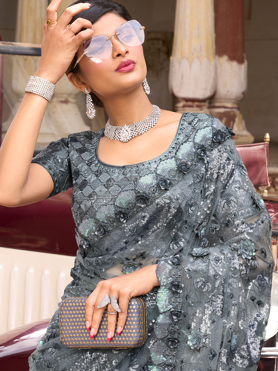 Party Wear Shades Of Grey Digital Net Saree With, 54% OFF