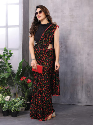 Black & Red Georgette Saree With Blouse Piece