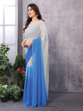 White & Sky blue Georgette Saree With Blouse Piece