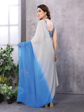 White & Sky blue Georgette Saree With Blouse Piece