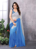 White & Sky blue Georgette Saree With Blouse Piece