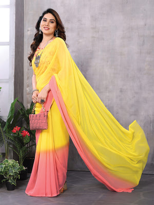 Yellow & Pink Georgette Saree With Blouse Piece