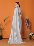 Grey Polyester Zari Saree With Blouse Piece