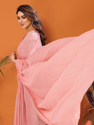 Peach Polyester Zari Saree With Blouse Piece