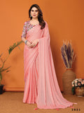 Peach Polyester Zari Saree With Blouse Piece