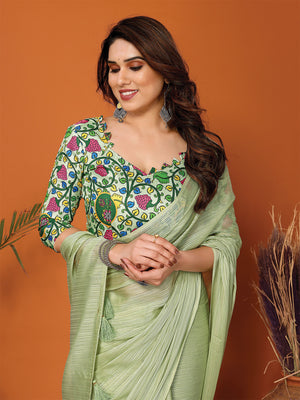 Pista Green Polyester Zari Saree With Blouse Piece