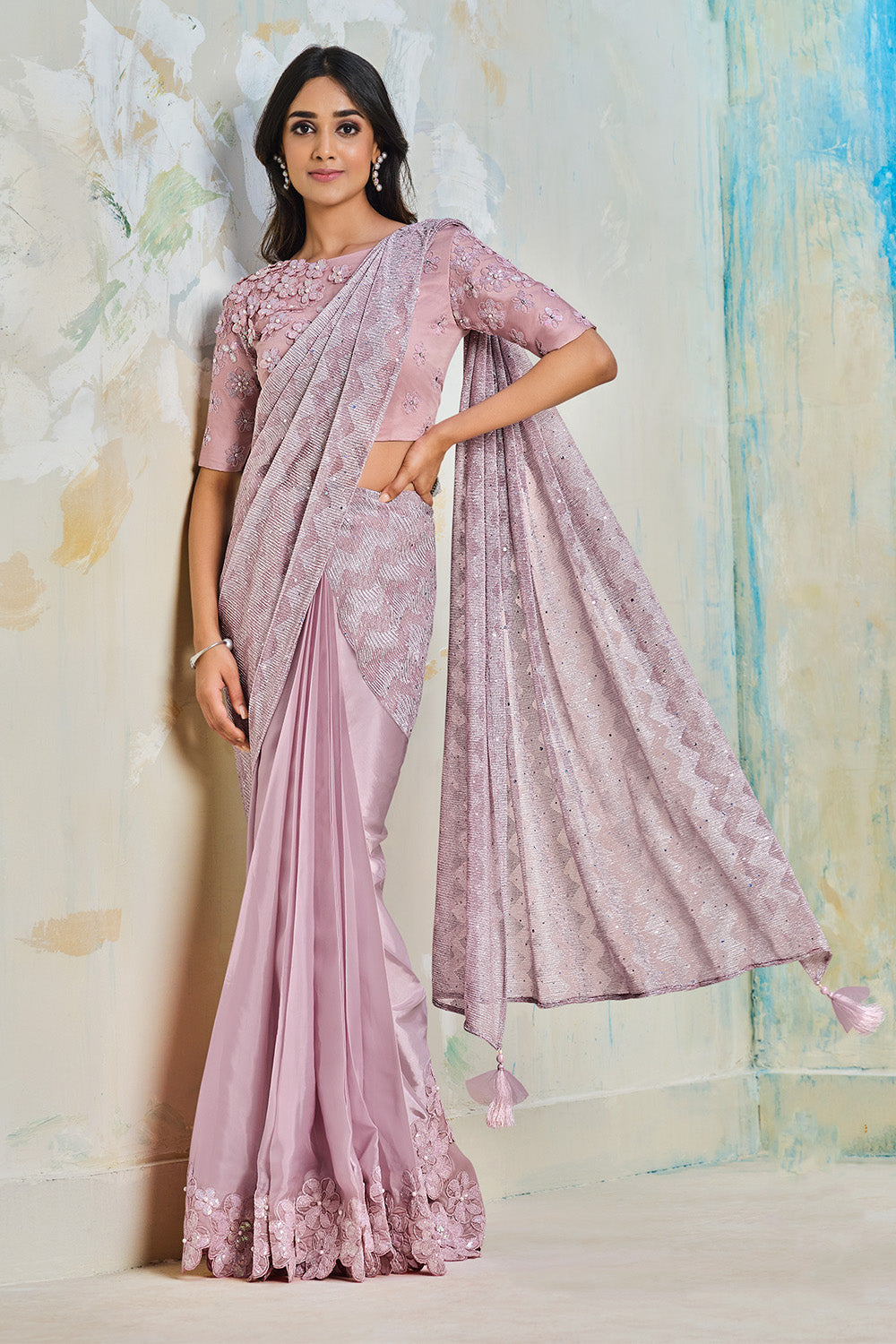 Buy Pink Silk Satin Sequence Work Ready to Wear Saree with stitched Blouse  - Nirvana Online at Best Price | Distacart