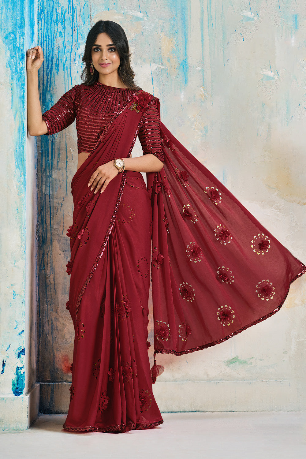 Cathrine in Red Crepe Saree - Saree Blouse Patterns