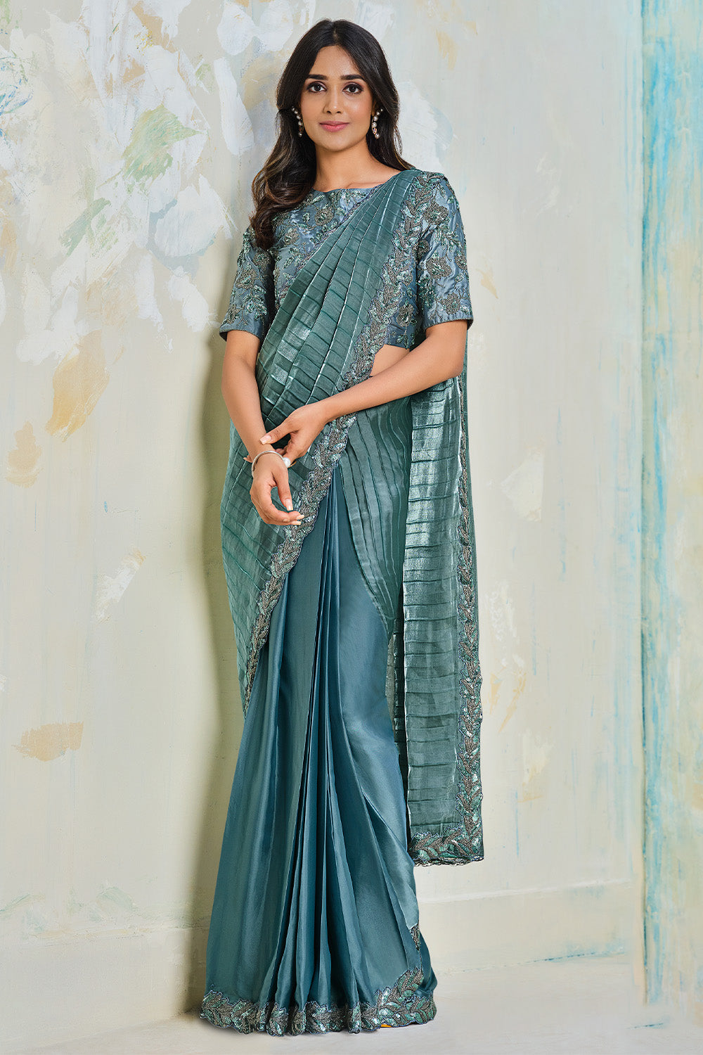 Buy Aqua Blue and Navy Blue Crepe Silk Traditional Designer Saree Online