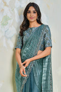 Blue Crepe Saree With Stitched Blouse