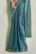 Blue Crepe Saree With Stitched Blouse