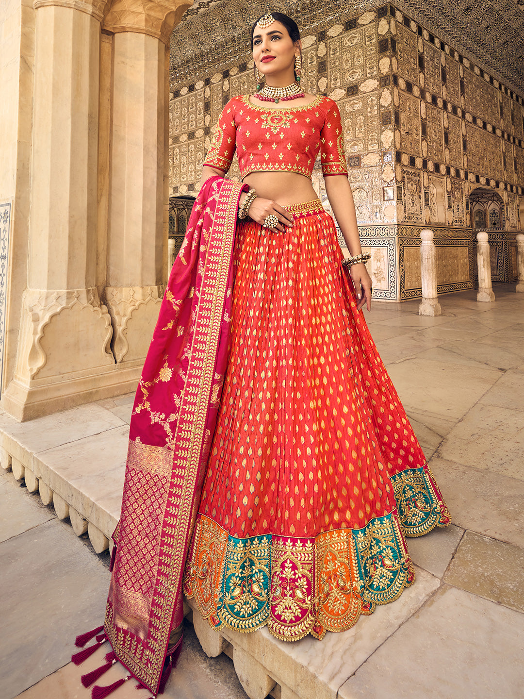 saubhagya Pink & Orange Woven design Ready to Wear Lehenga & Blouse With  Dupatta Price in India, Full Specifications & Offers | DTashion.com